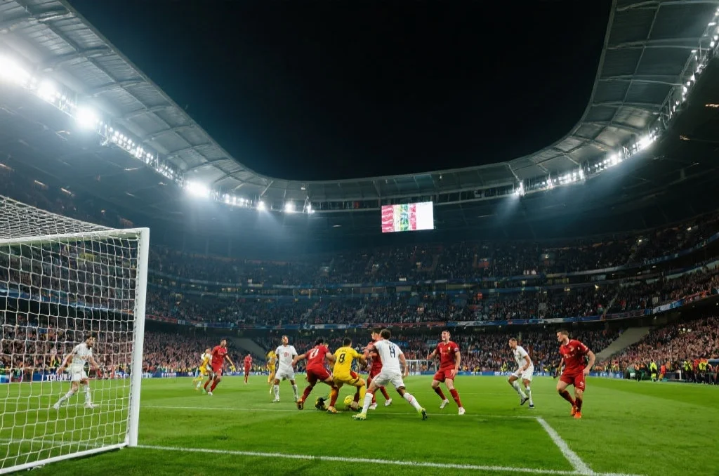一座巨大的足球场内,观众席上人头攒动,球员们正在激烈拼抢