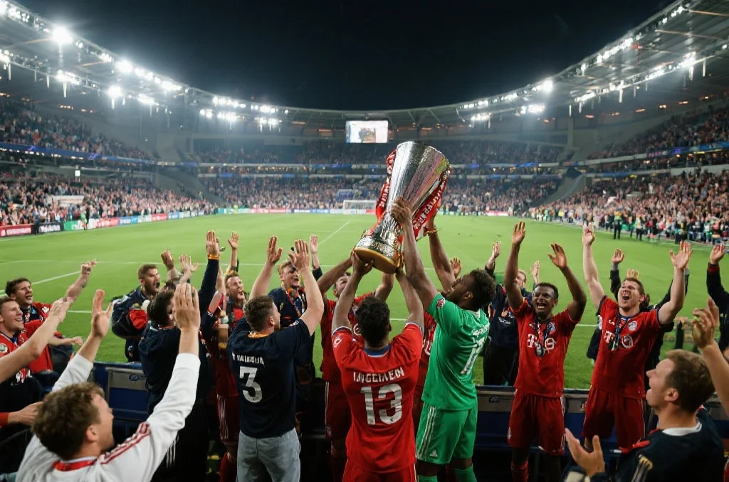 一支球队在球场中央庆祝胜利,球员们高举奖杯,观众热情欢呼