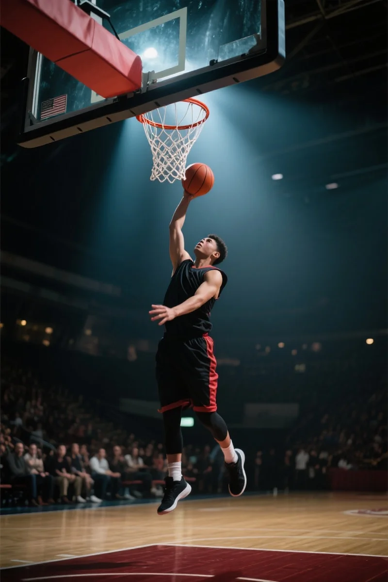 一名篮球运动员在比赛中高高跃起，准备扣篮，光线聚焦在他身上，背景是模糊的篮球场和观众
