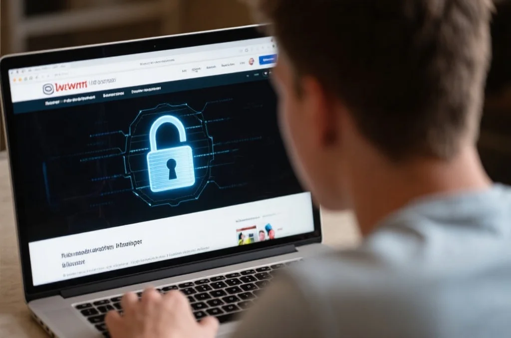 一名年轻男子在笔记本电脑前浏览体育资讯网站,屏幕上显示加密锁图标,体现数据安全性