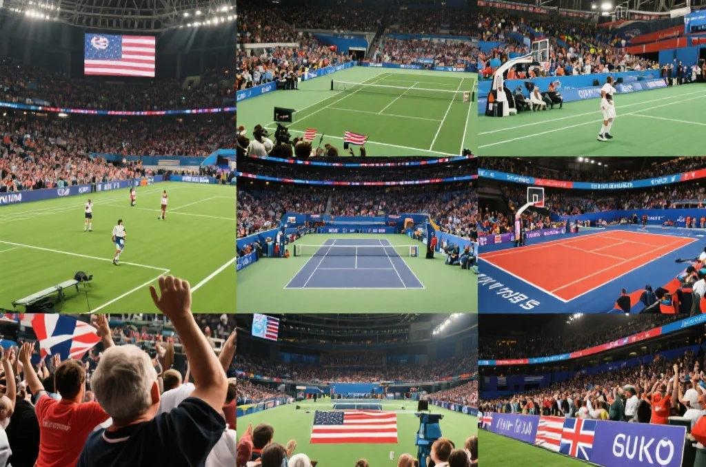 多种国际体育赛事场景拼接,包含足球、篮球、网球等,观众热情高涨,展示全球赛事覆盖