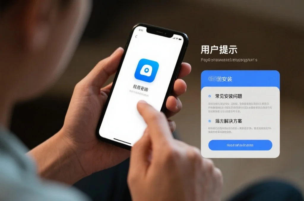 用户手持手机,正在操作安装应用的界面,旁边有提示信息展示常见安装问题与解决方案