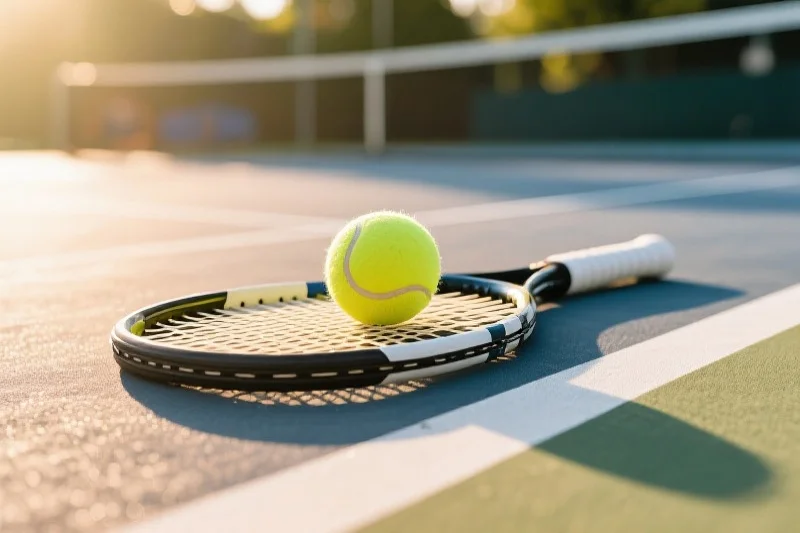 网球和球拍静静放置在阳光下的网球场上